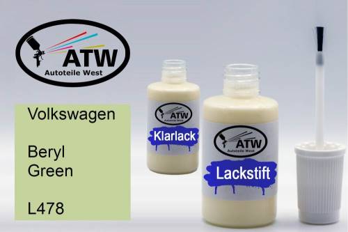 Volkswagen, Beryl Green, L478: 20ml Lackstift + 20ml Klarlack - Set, von ATW Autoteile West.